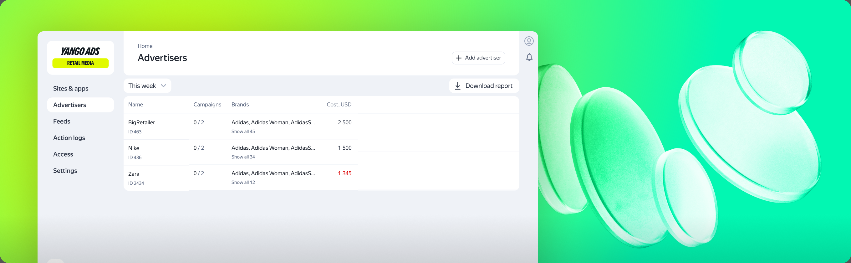 Retail Media advertiser dashboard on a green gradient with glass coins