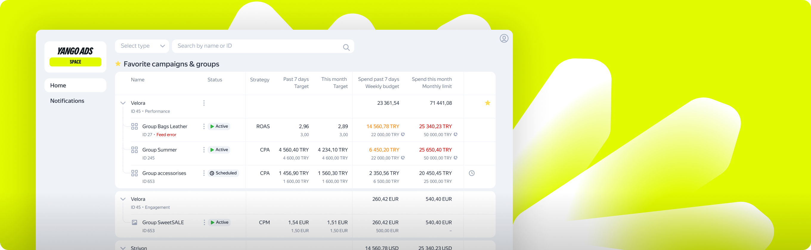 Yango Ads Space dashboard on a lime background