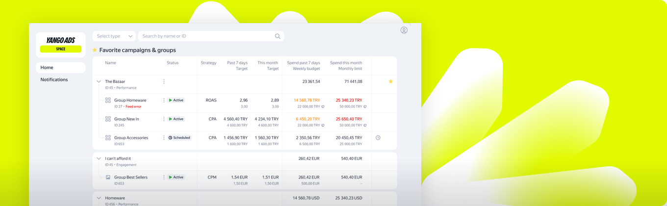 Yango Ads Space dashboard on a lime background